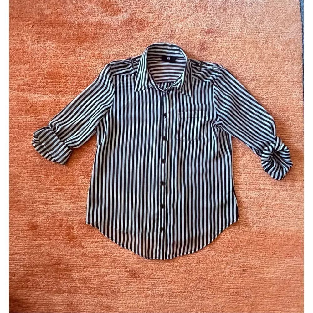 IZ Byer Striped Sheer Button Up Shirt Black White Size L